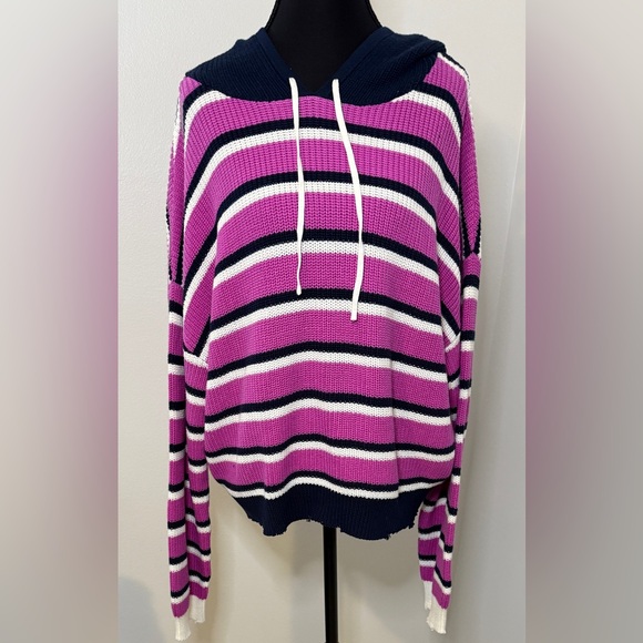 525 America Sweaters - 525 America Pink and Navy Striped Hooded Sweater